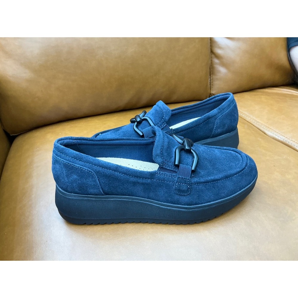 Clarks Zylat Top Loafers Womens 8.5 Wide Navy Blue  Platform Suede Shoe
